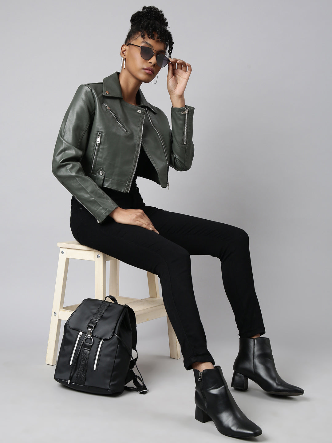 Women's Olive Spread Collar Crop Biker Jacket