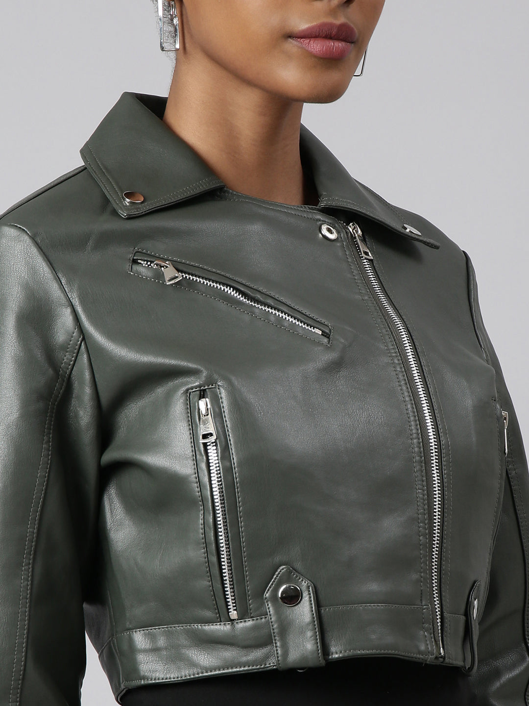 Women's Olive Spread Collar Crop Biker Jacket