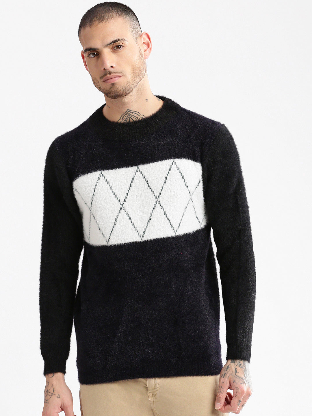 Men Round Neck Self Design Black Pullover