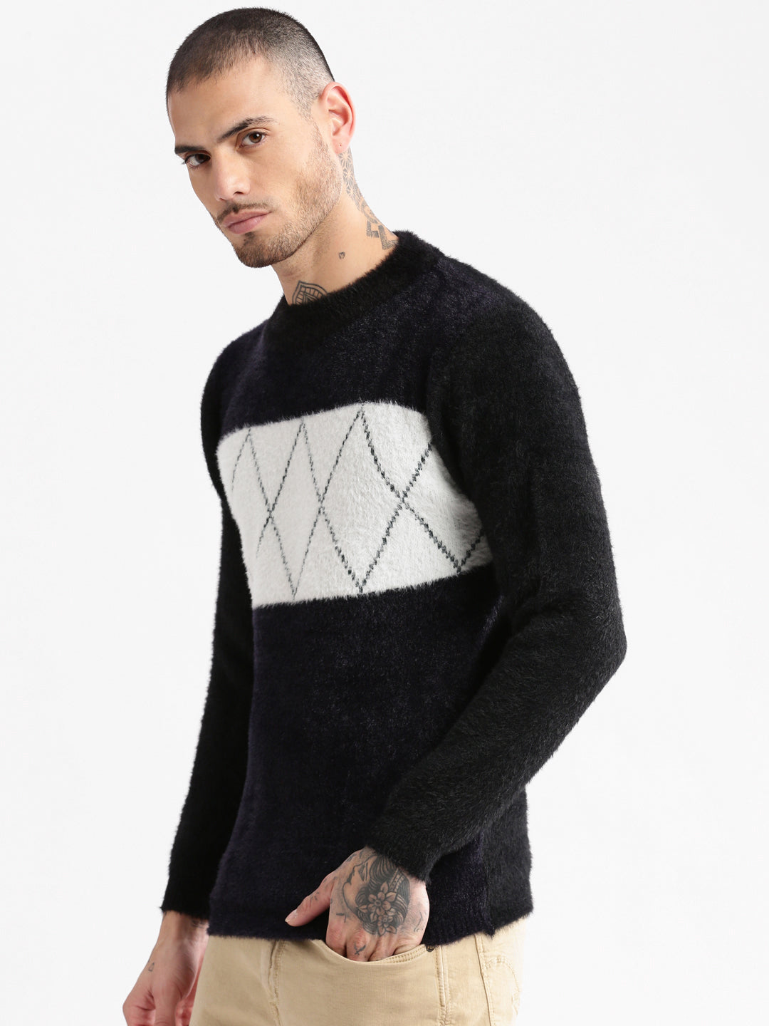 Men Round Neck Self Design Black Pullover