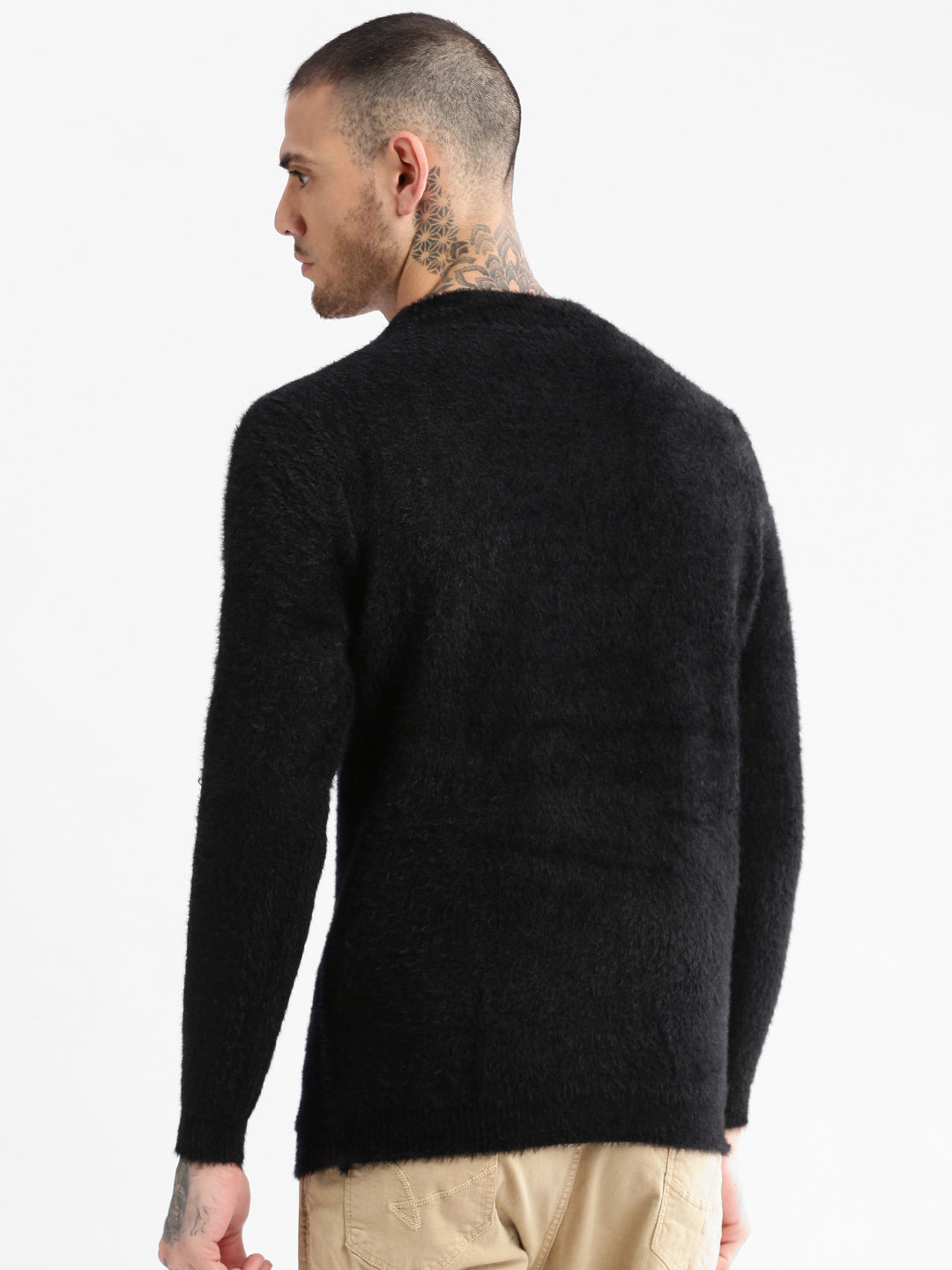 Men Round Neck Self Design Black Pullover