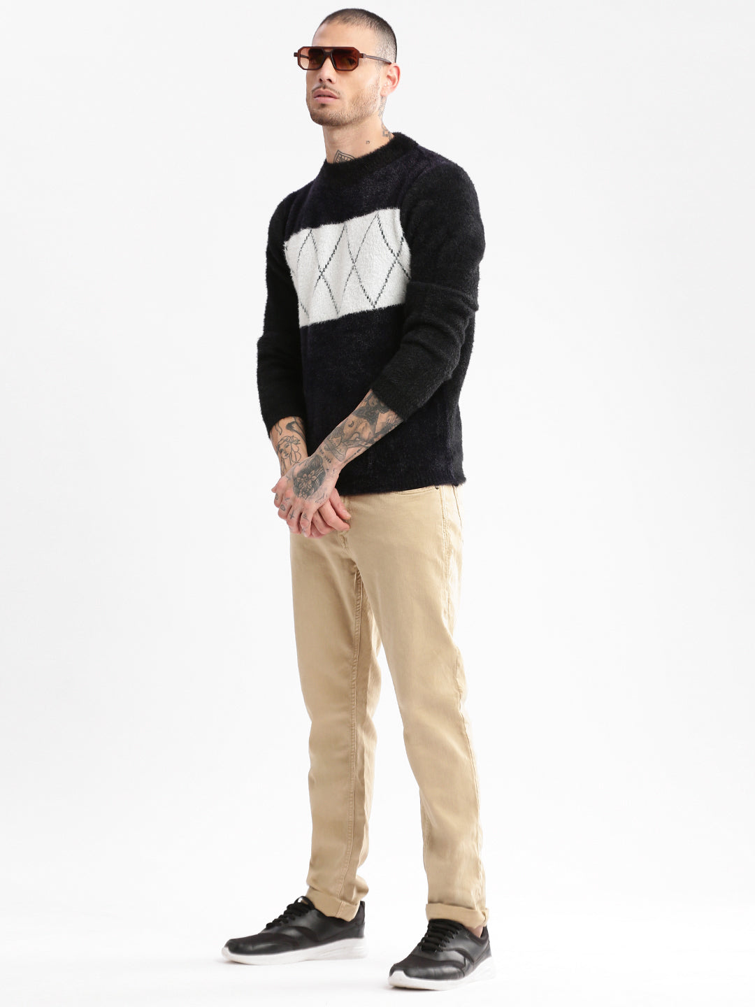 Men Round Neck Self Design Black Pullover