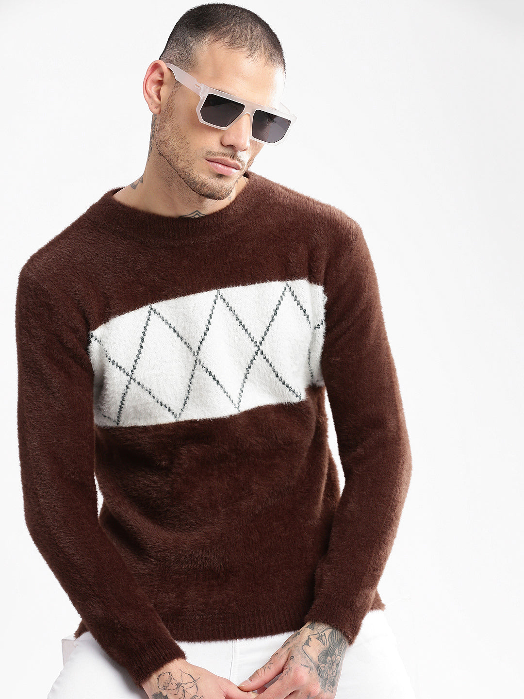 Men Round Neck Self Design Brown Pullover