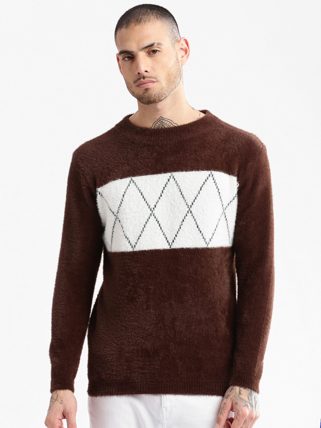 Men Round Neck Self Design Brown Pullover