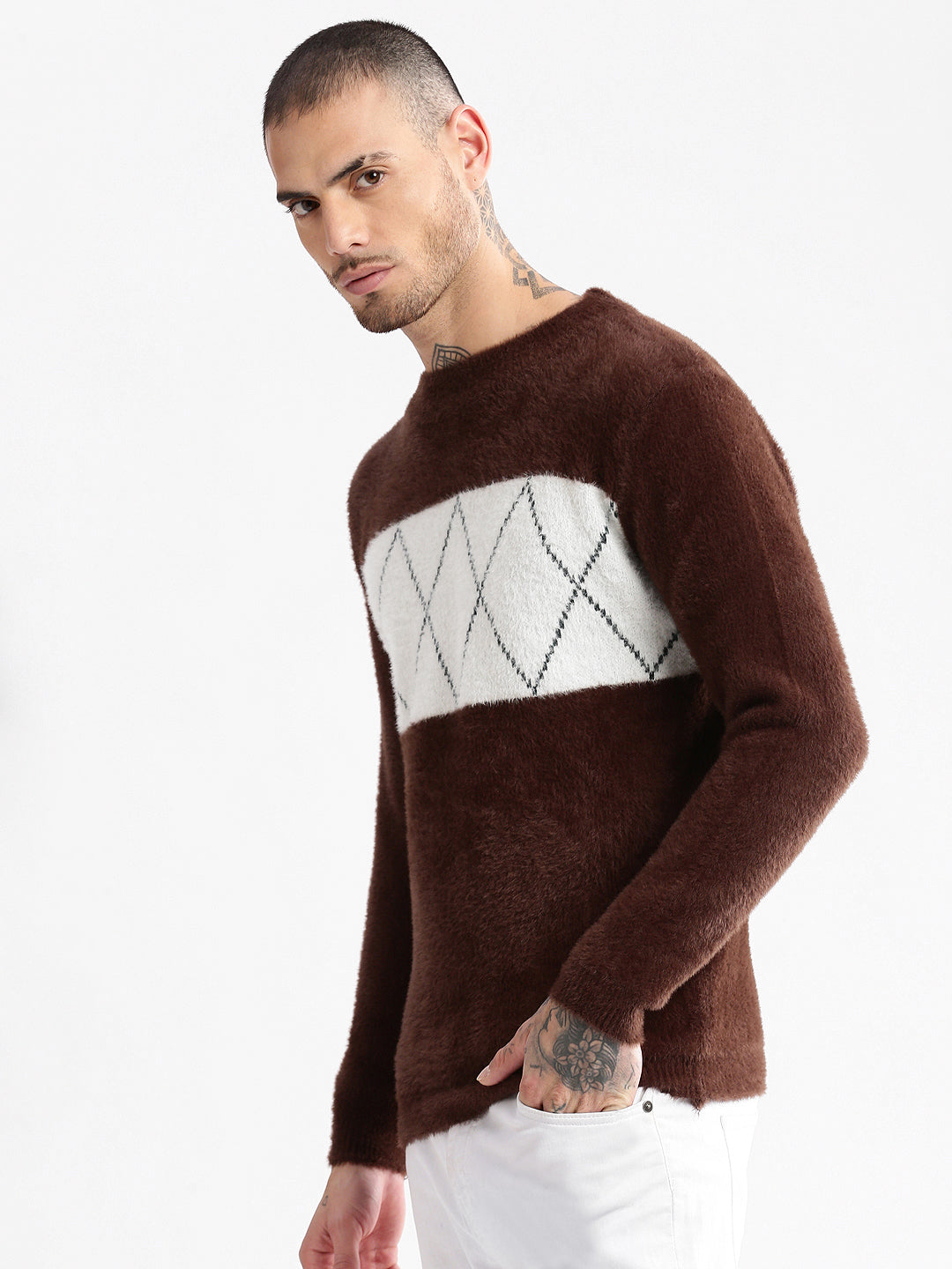 Men Round Neck Self Design Brown Pullover