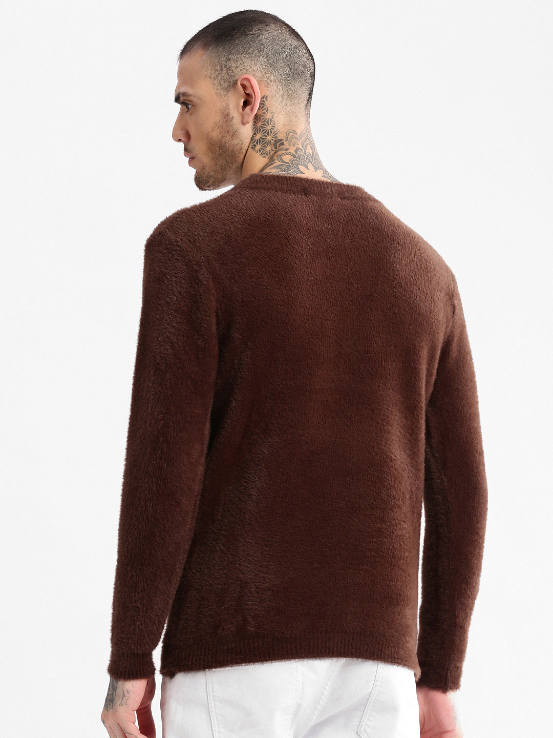 Men Round Neck Self Design Brown Pullover