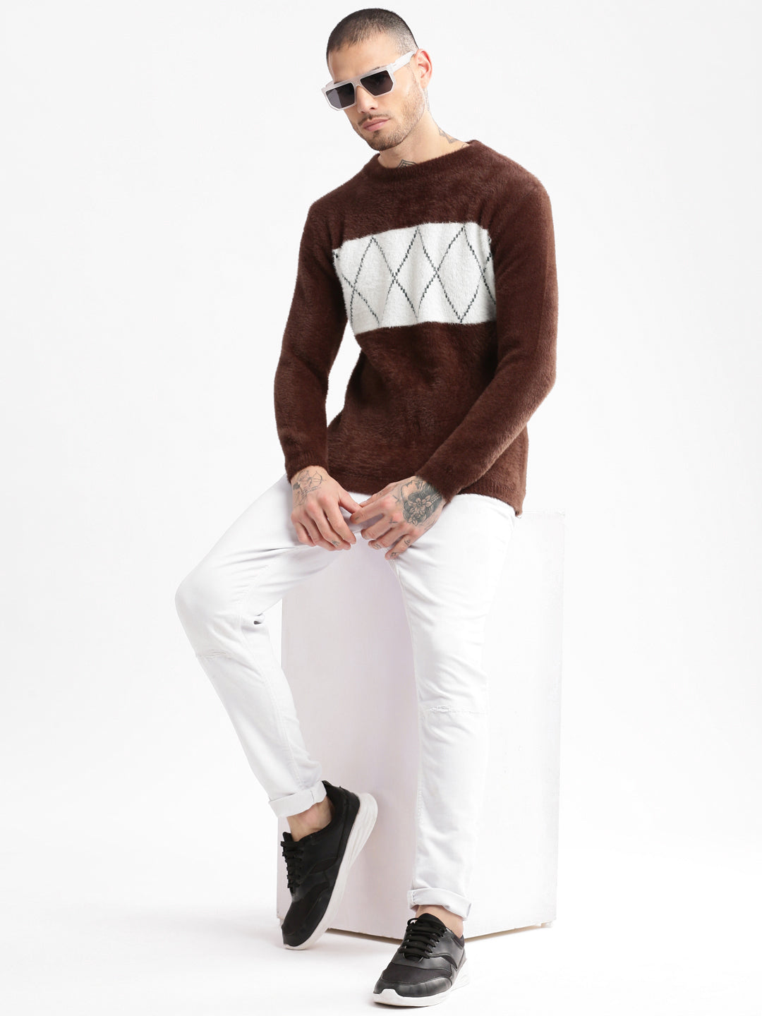 Men Round Neck Self Design Brown Pullover