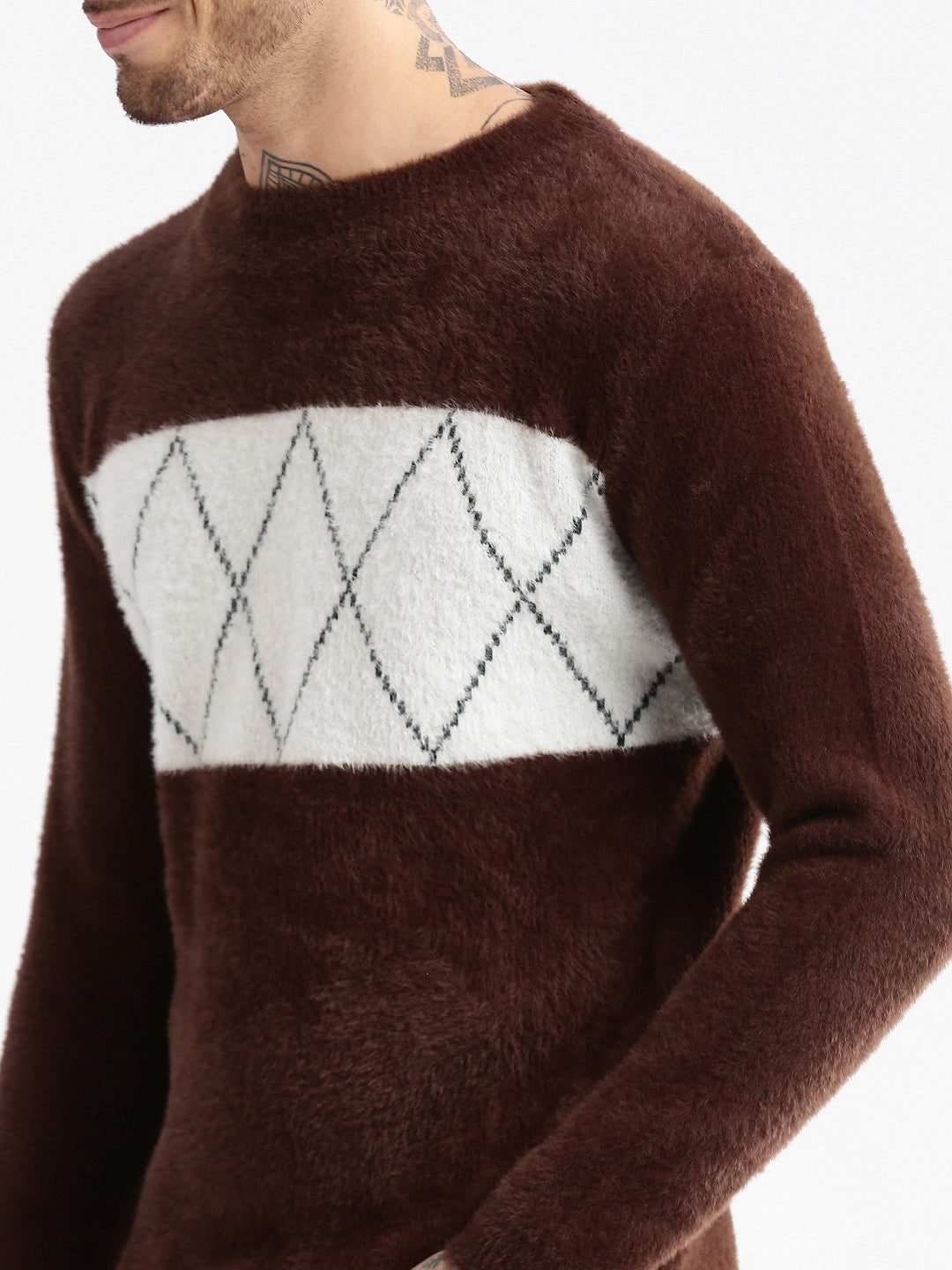 Men Round Neck Self Design Brown Pullover