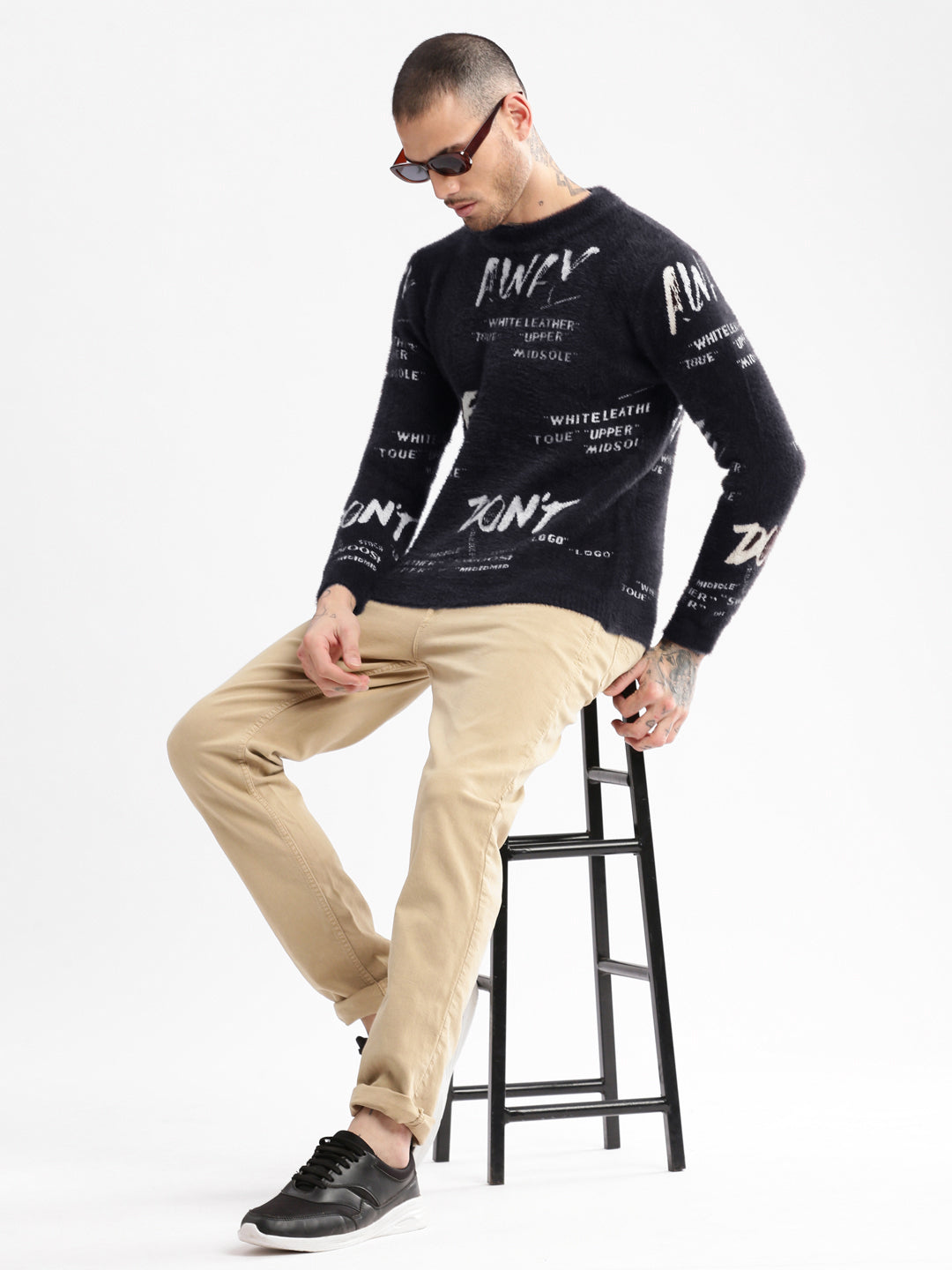 Men Round Neck Self Design Navy Blue Pullover