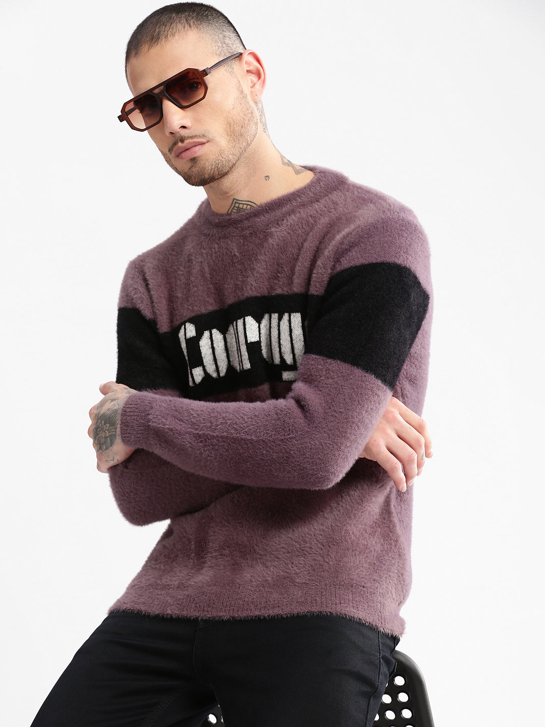 Men's Round Neck Self Design Lavender Casual Pullover