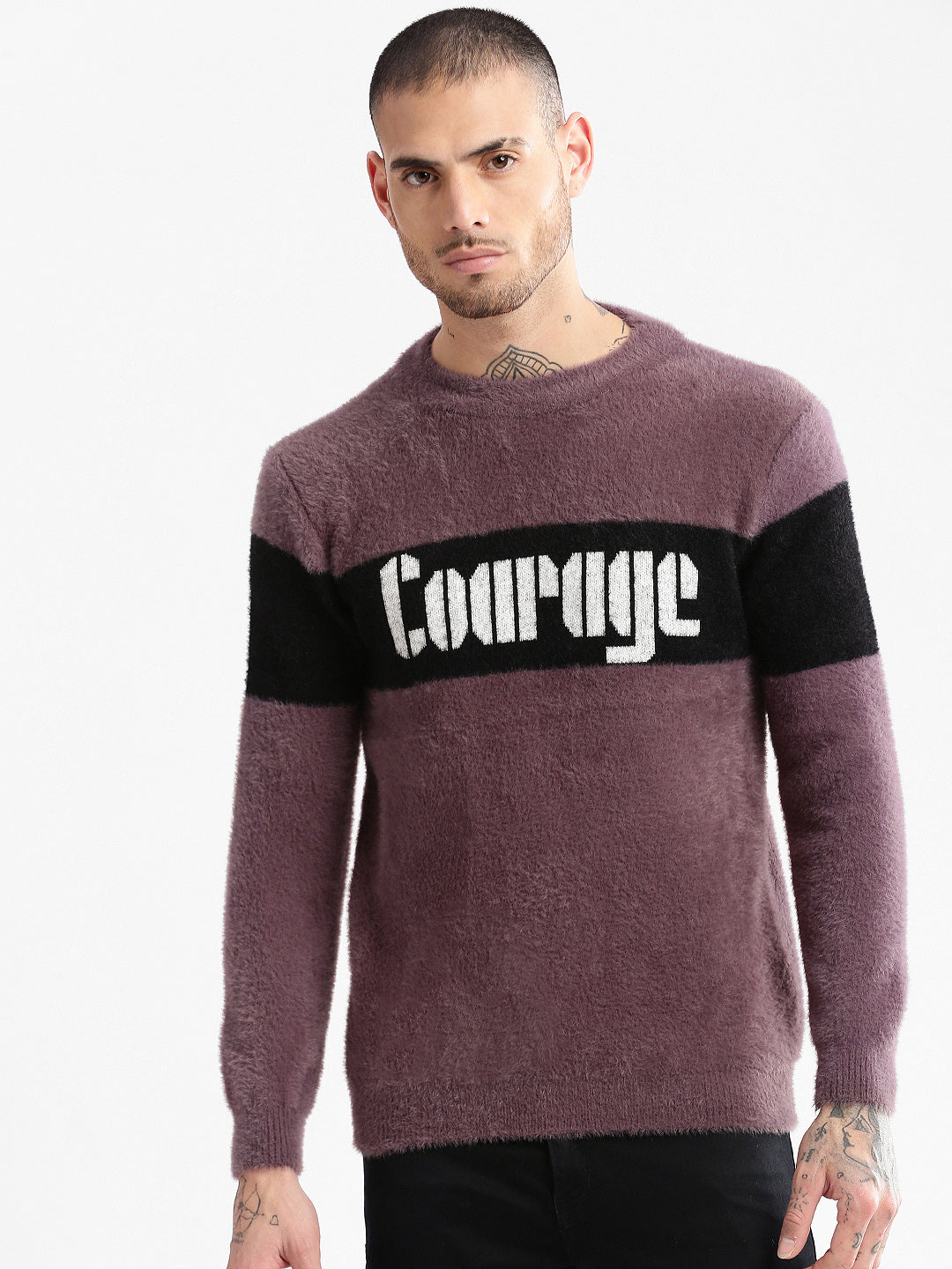 Men's Round Neck Self Design Lavender Casual Pullover