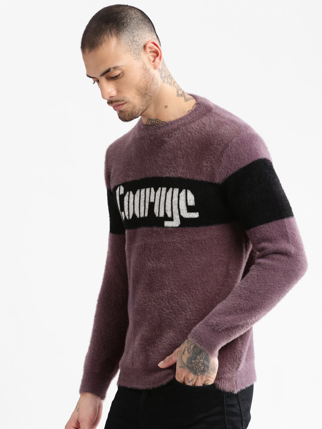 Men's Round Neck Self Design Lavender Casual Pullover
