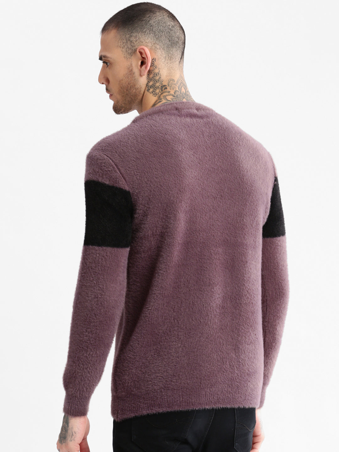 Men's Round Neck Self Design Lavender Casual Pullover
