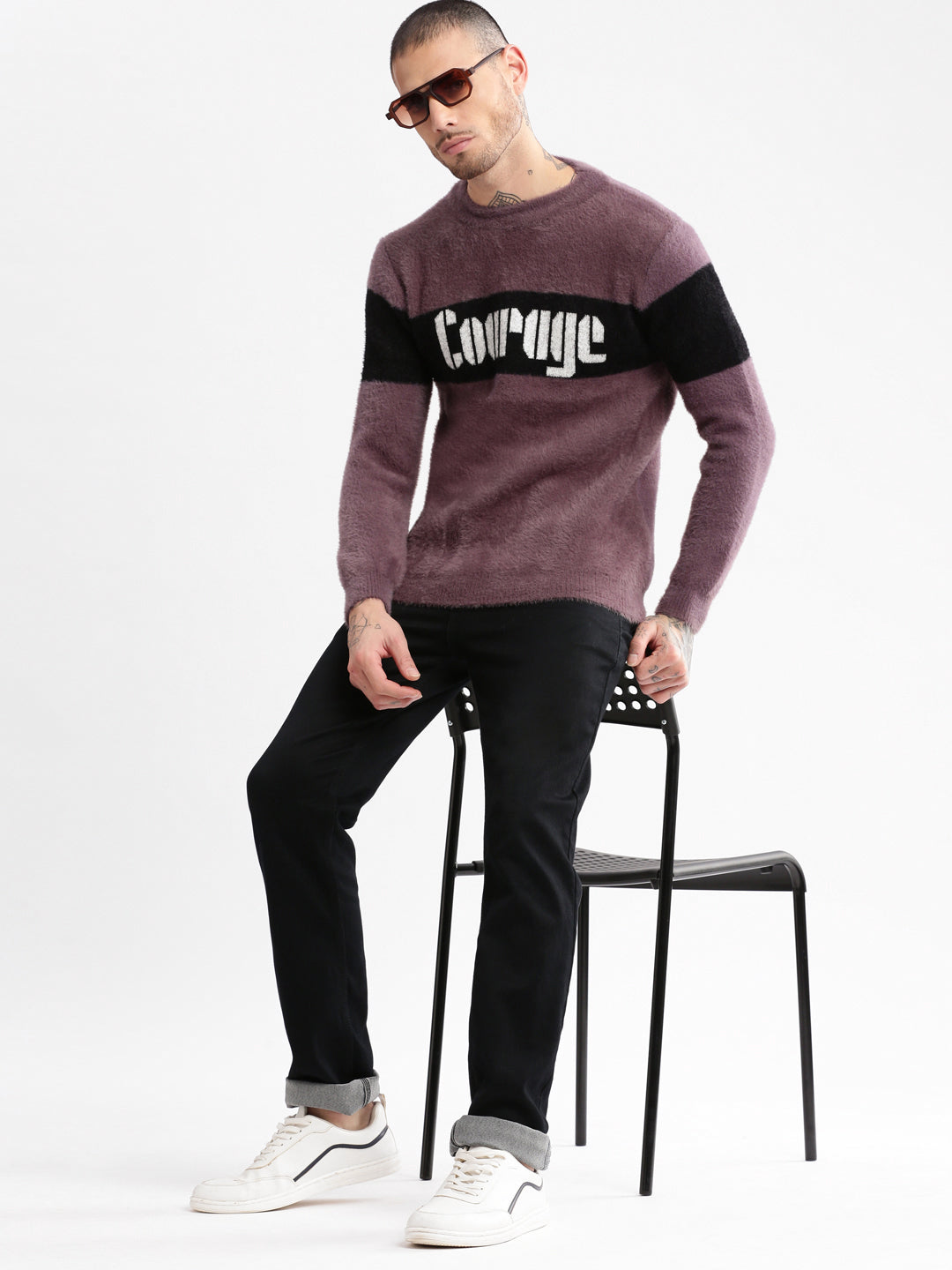 Men's Round Neck Self Design Lavender Casual Pullover