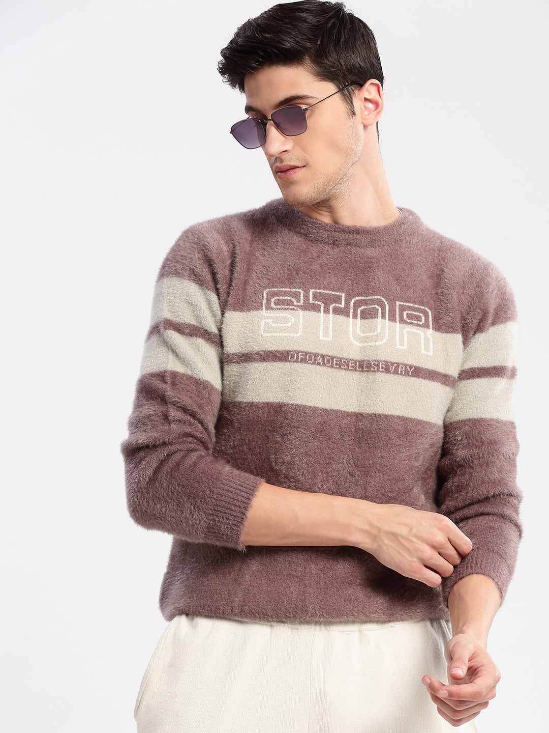 Men Round Neck Self Design Lavender Pullover