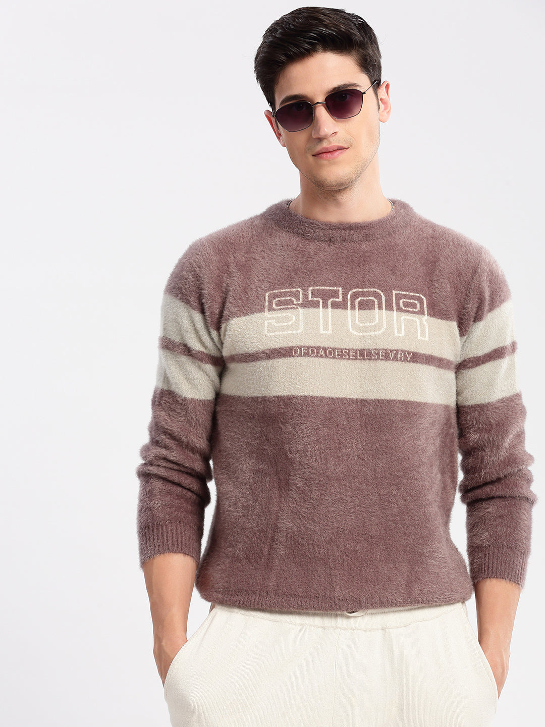 Men Round Neck Self Design Lavender Pullover