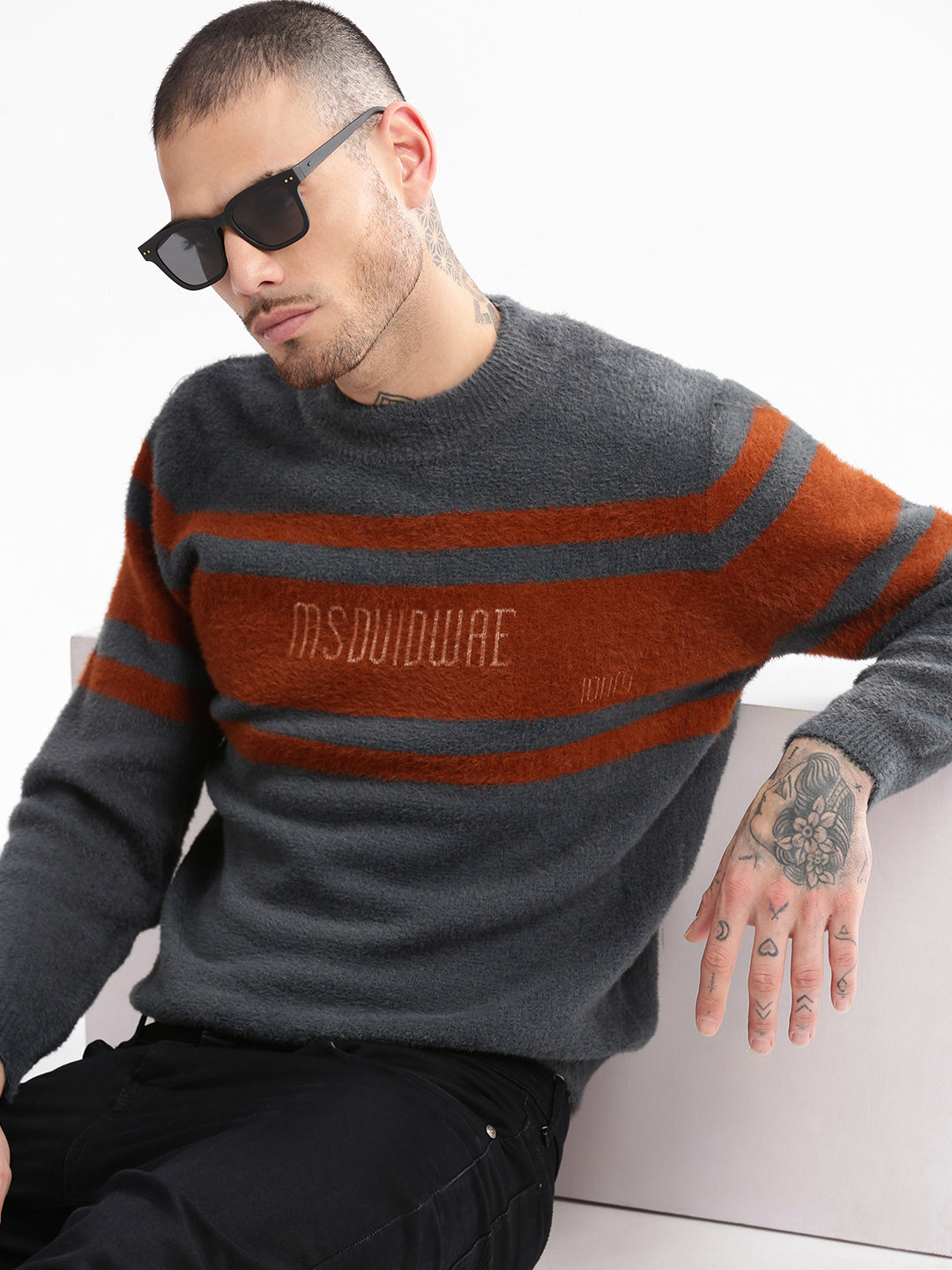 Men Round Neck Self Design Teal Pullover