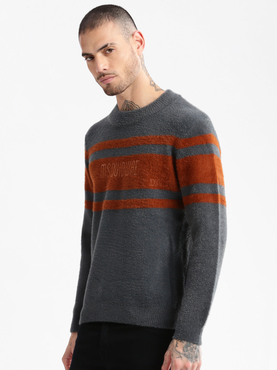 Men's Round Neck Self Design Teal Pullover