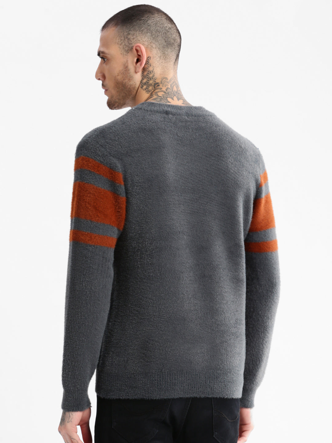 Men's Round Neck Self Design Teal Pullover