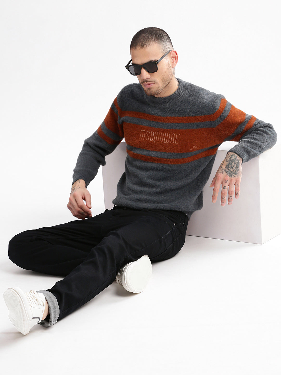 Men's Round Neck Self Design Teal Pullover