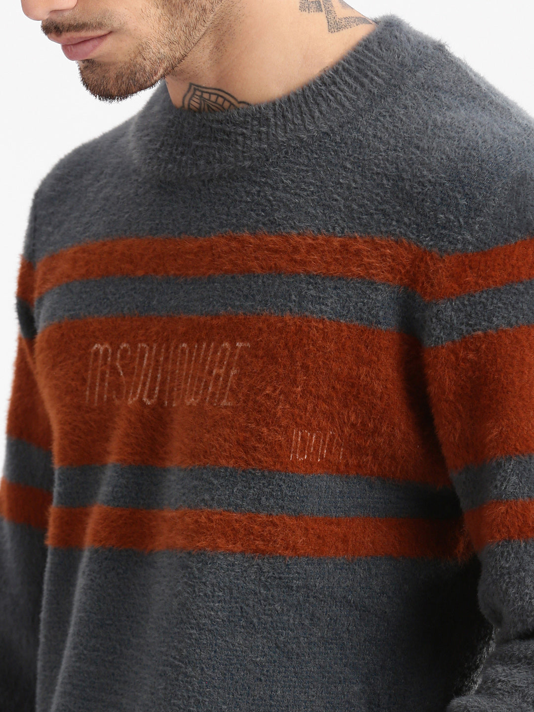 Men's Round Neck Self Design Teal Pullover