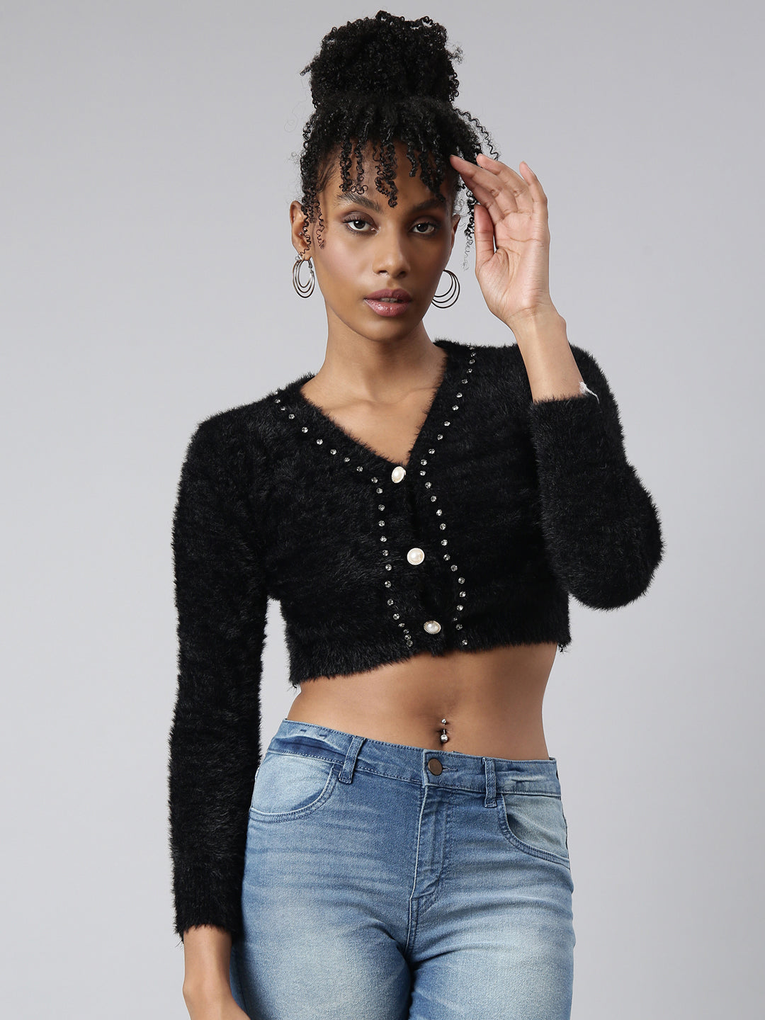 Women Solid Black Crop Cardigan