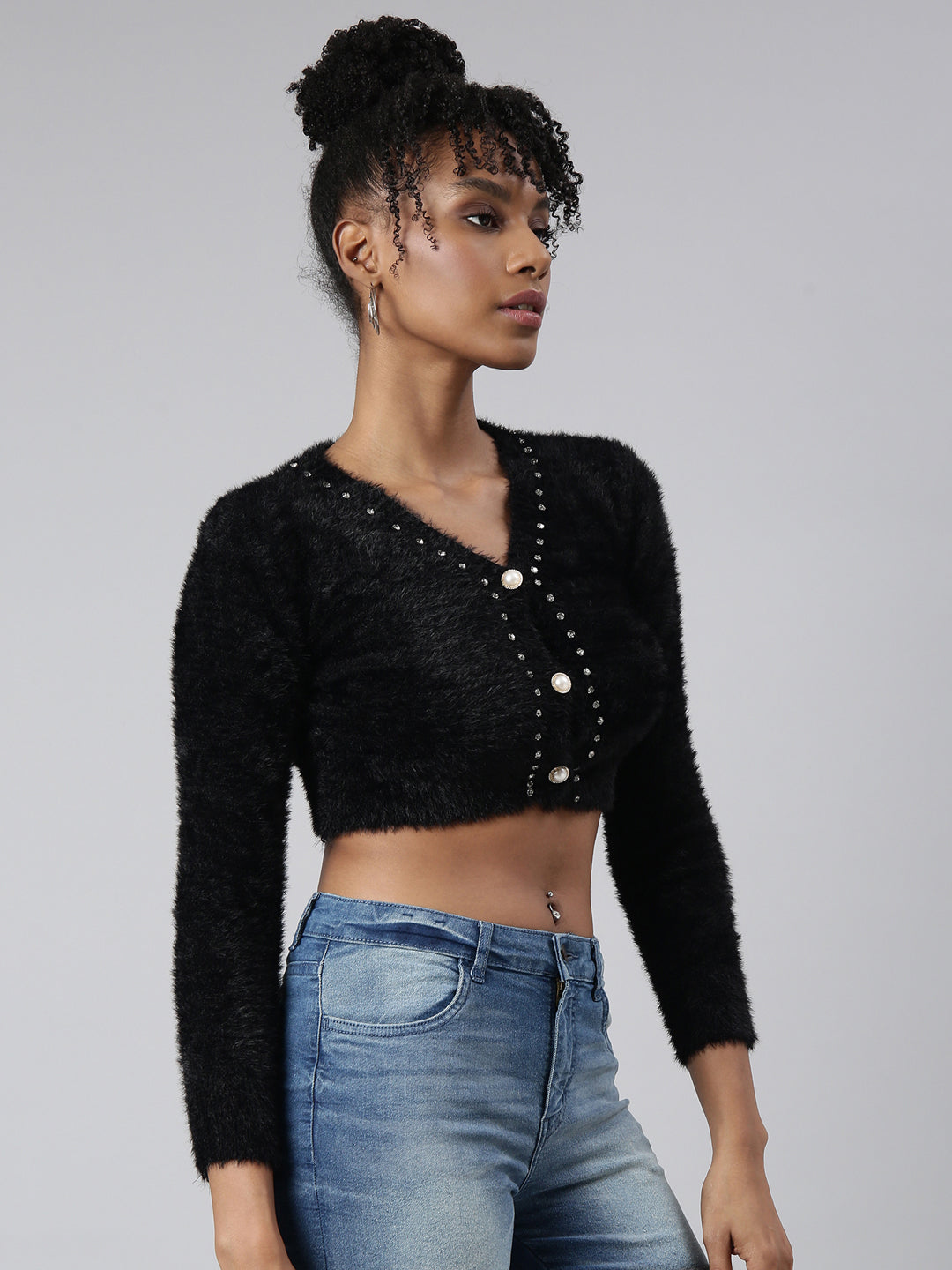 Women Solid Black Crop Cardigan