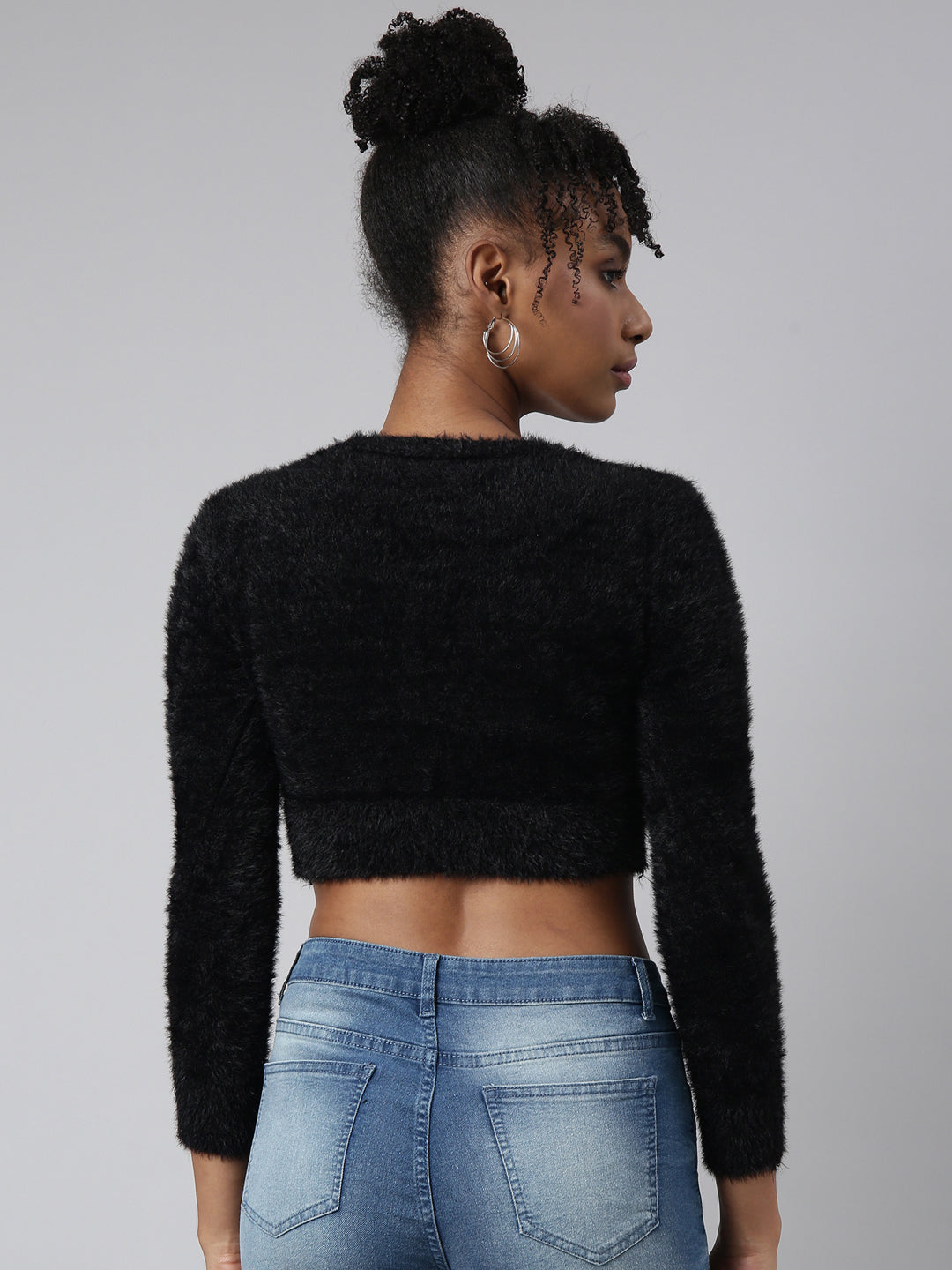 Women Solid Black Crop Cardigan