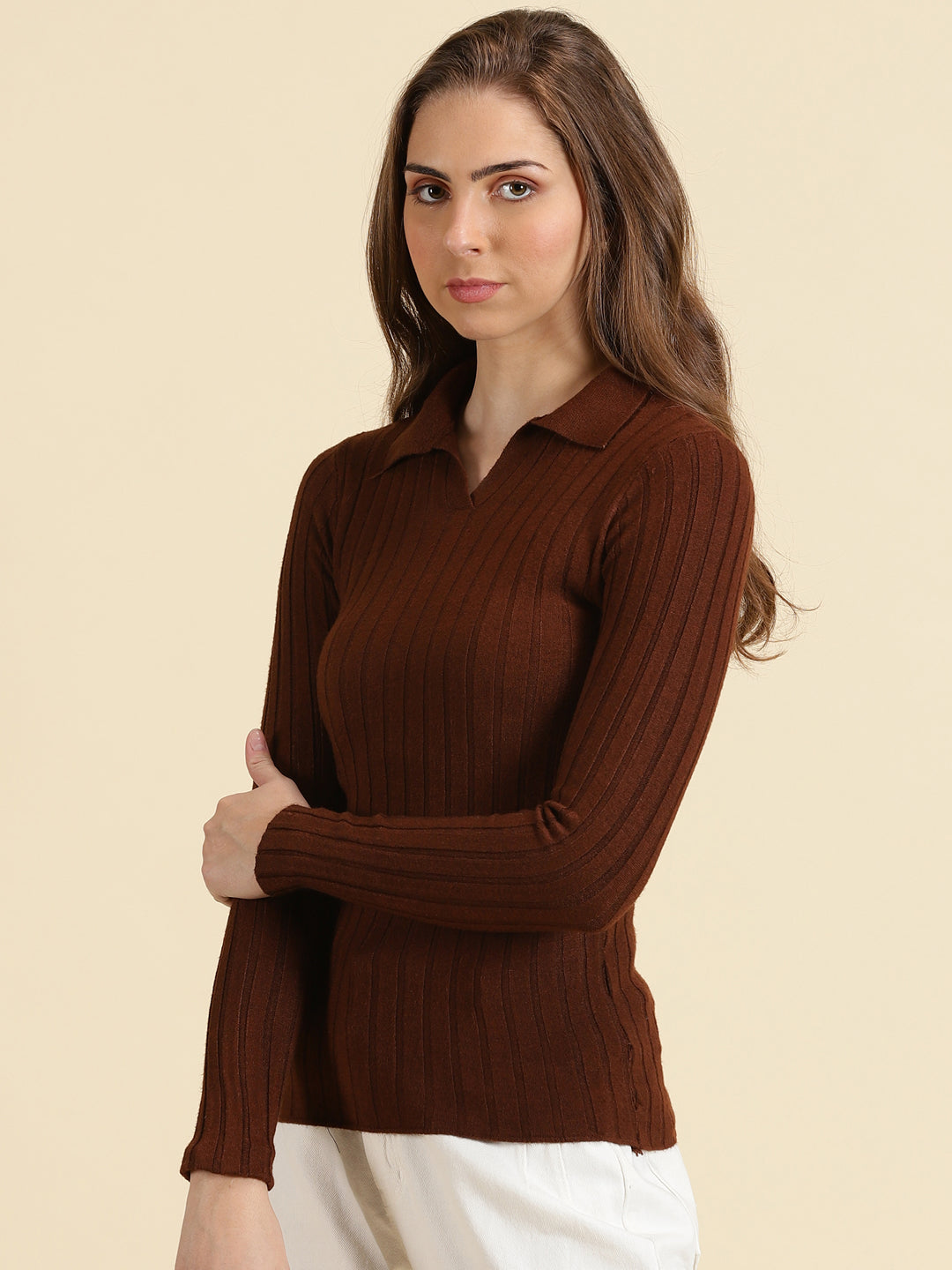 Women's Coffee Brown Solid Fitted Top