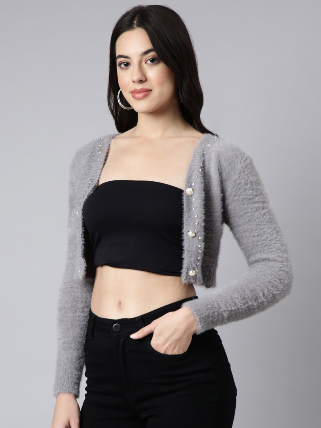 Women Solid Grey Crop Shrug