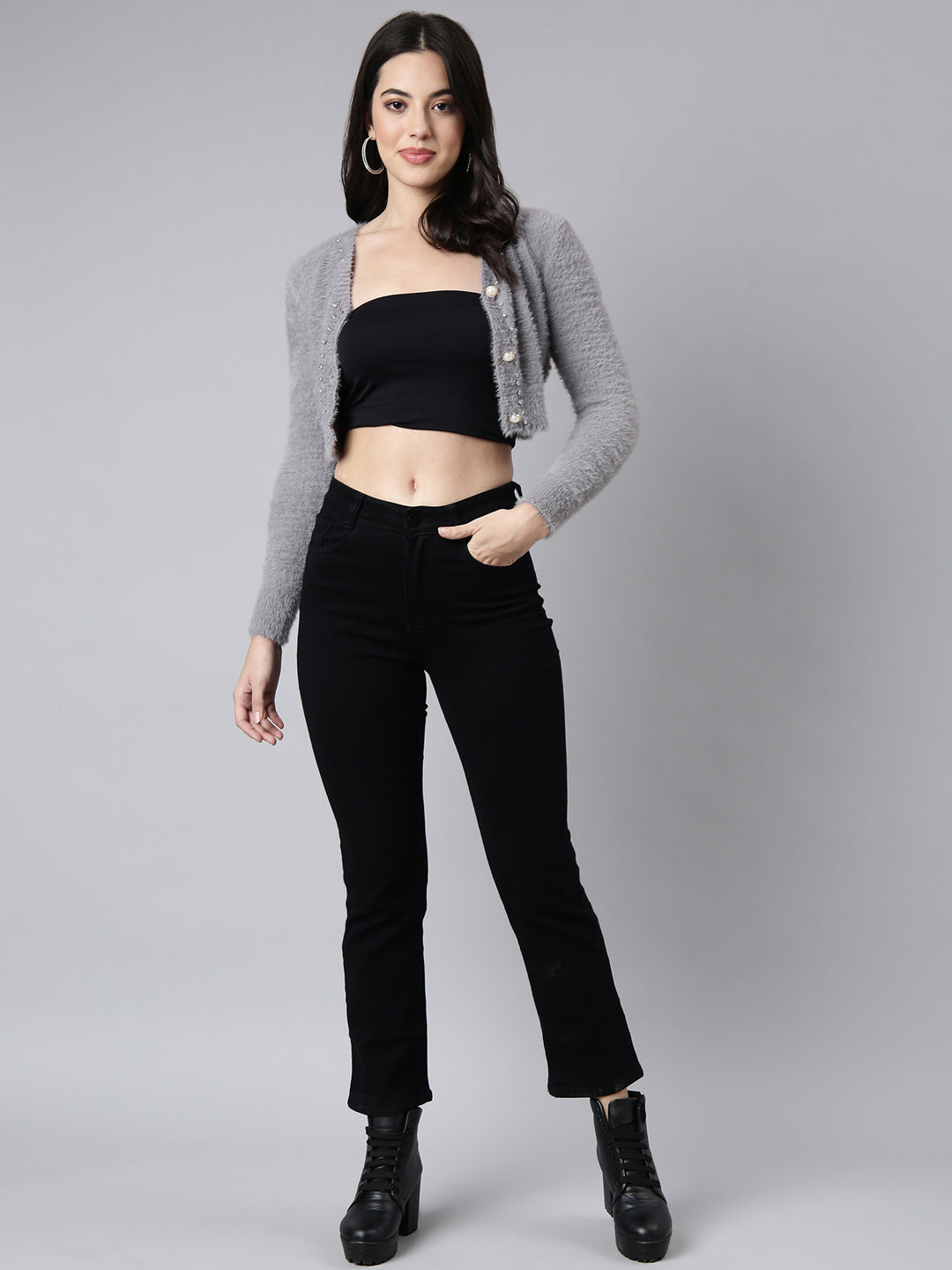 Women Solid Grey Crop Shrug