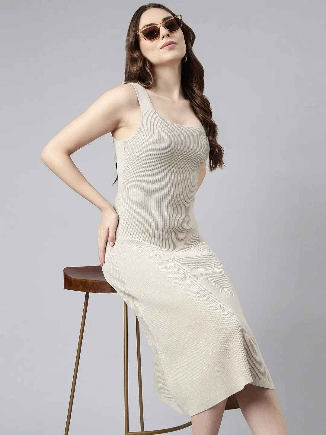 Women's Beige Solid A-Line Dress