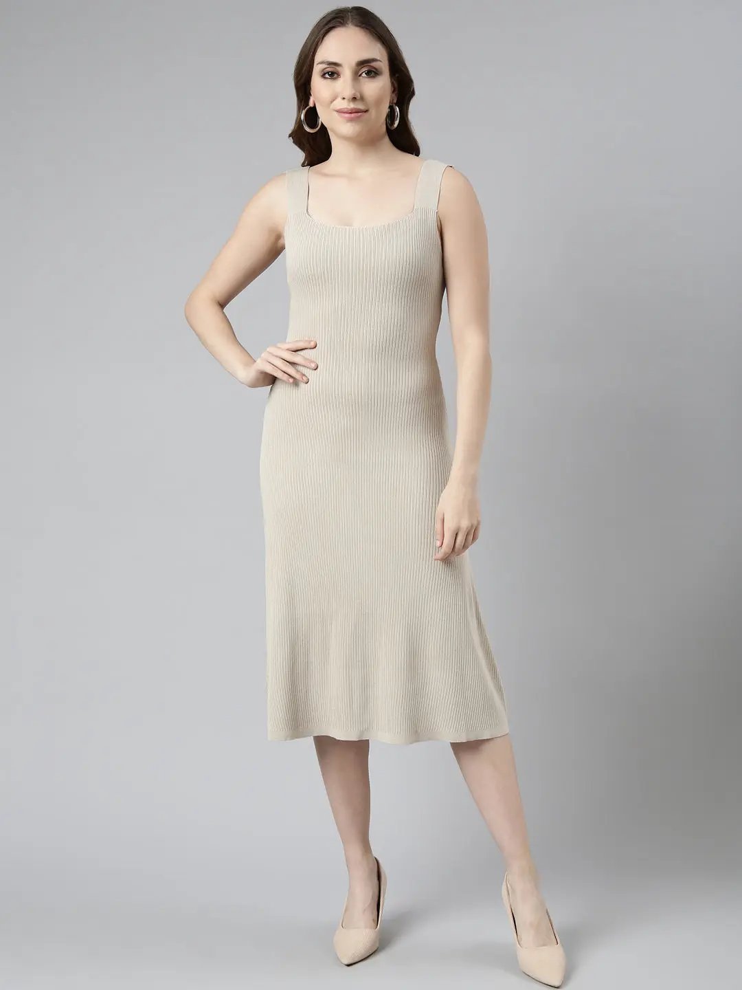 Women's Beige Solid A-Line Dress