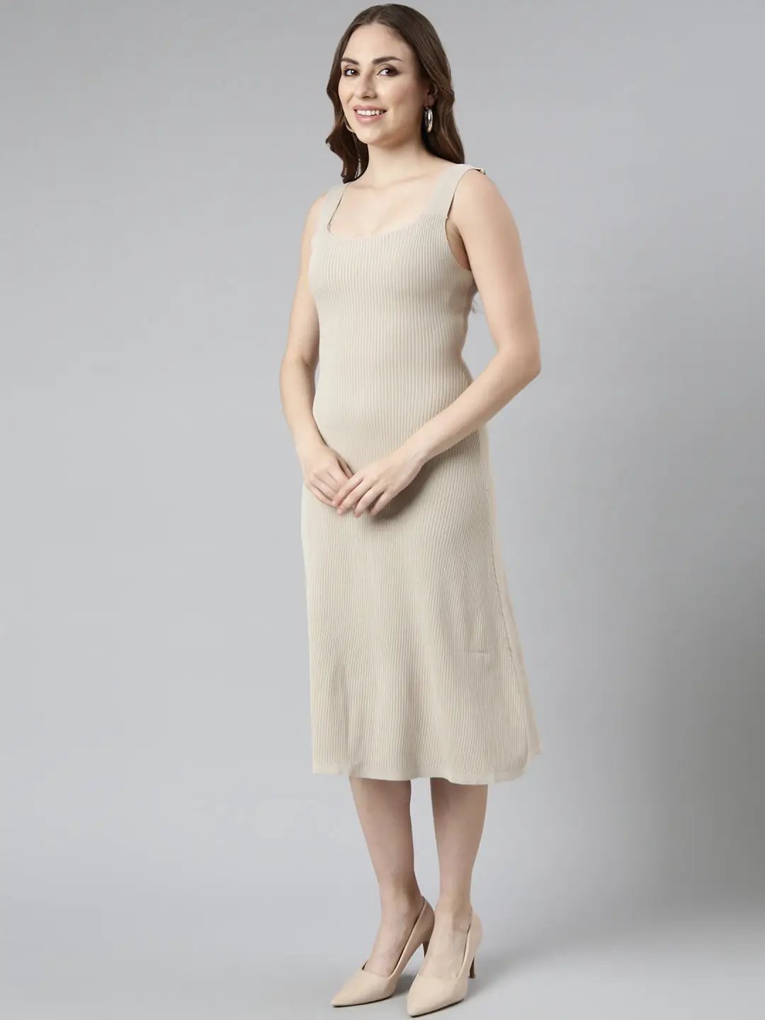 Women's Beige Solid A-Line Dress