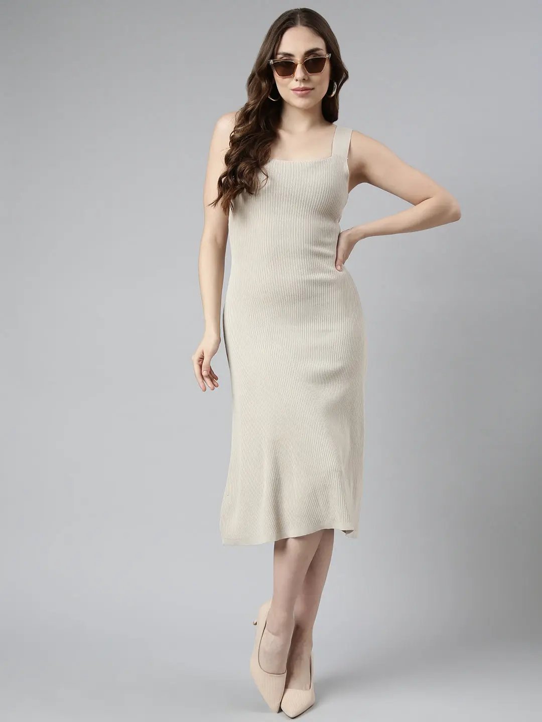 Women's Beige Solid A-Line Dress