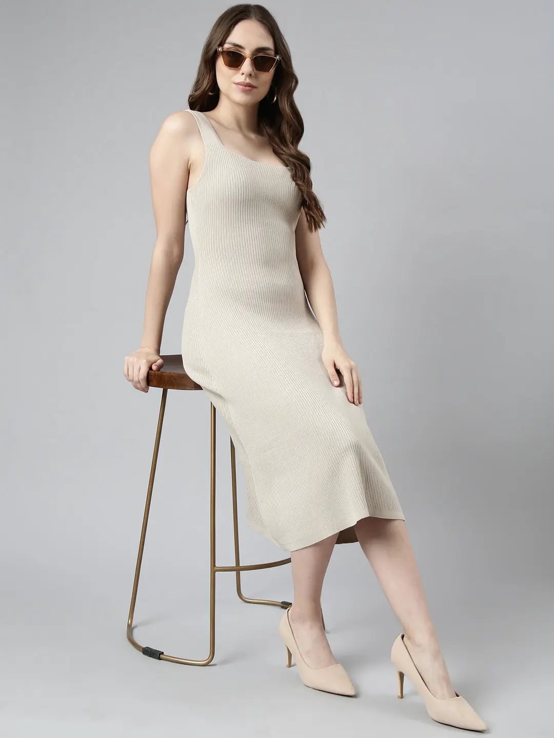 Women's Beige Solid A-Line Dress