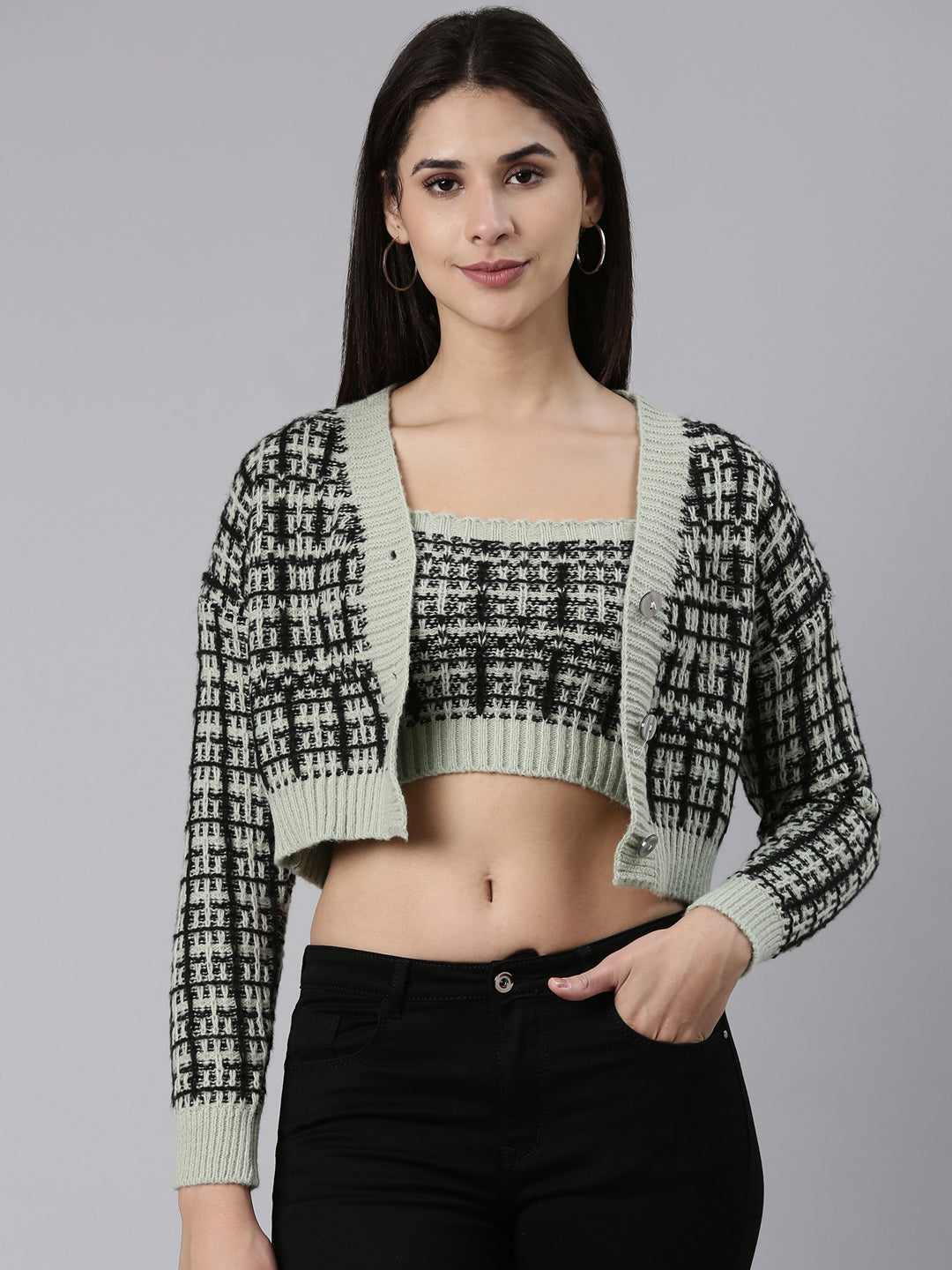 Women Sea Green Checked Front-Open Crop Sweater