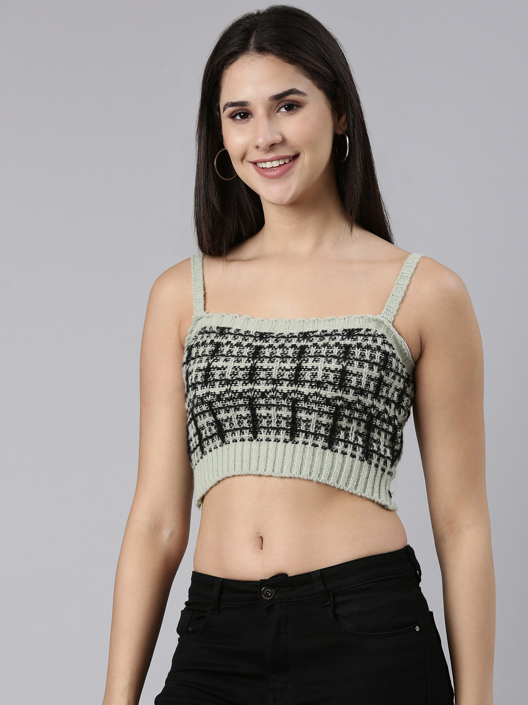 Women Sea Green Checked Front-Open Crop Sweater