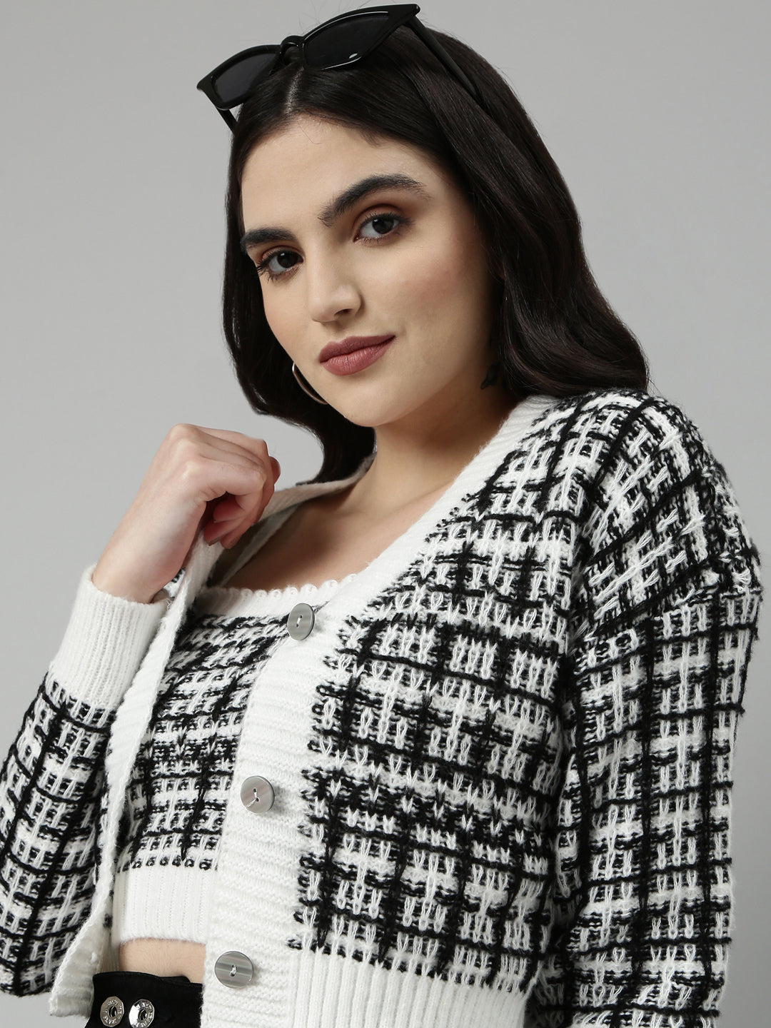 Women White Checked Front-Open Crop Sweater