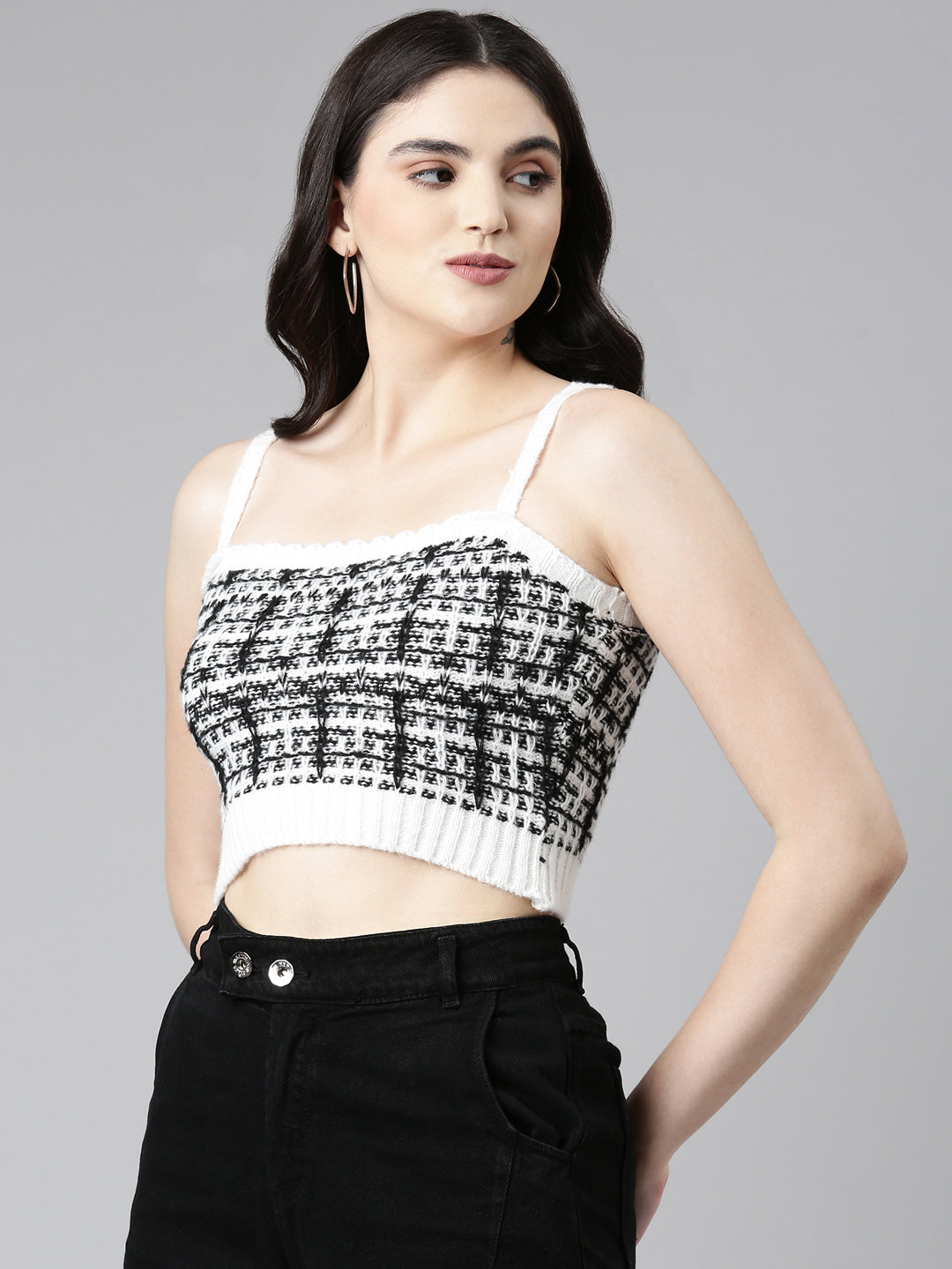 Women White Checked Front-Open Crop Sweater