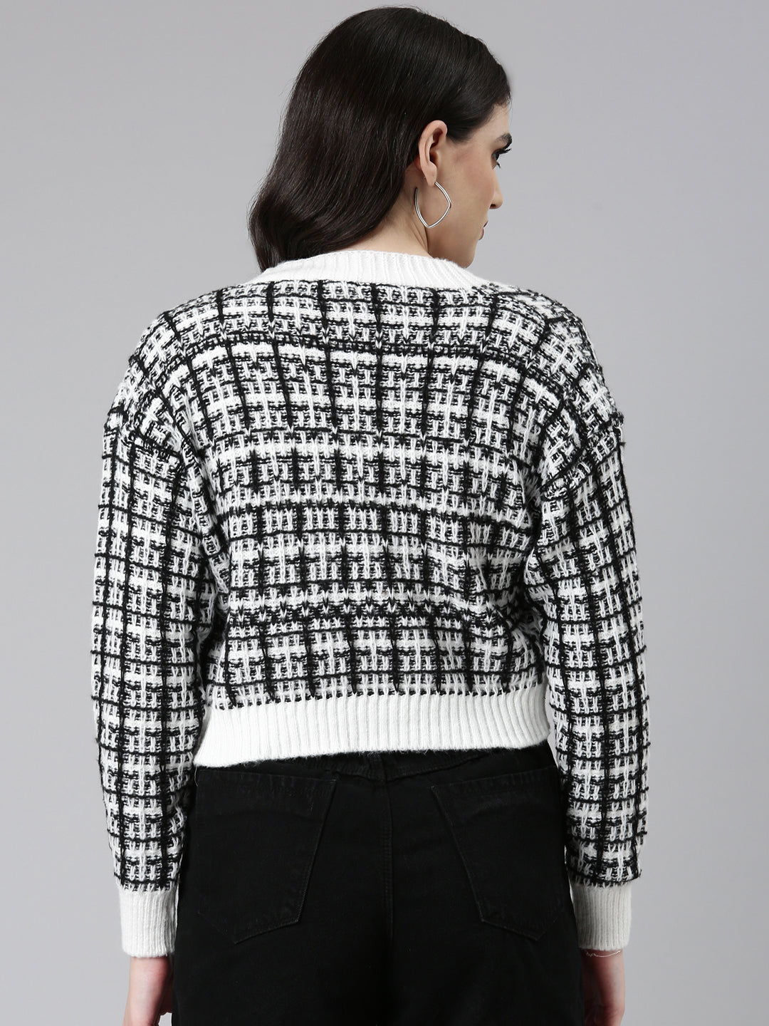 Women White Checked Front-Open Crop Sweater