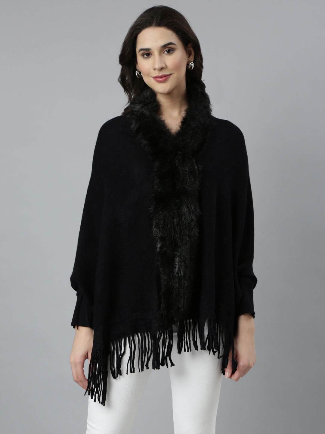 Women Solid Longline Black Poncho