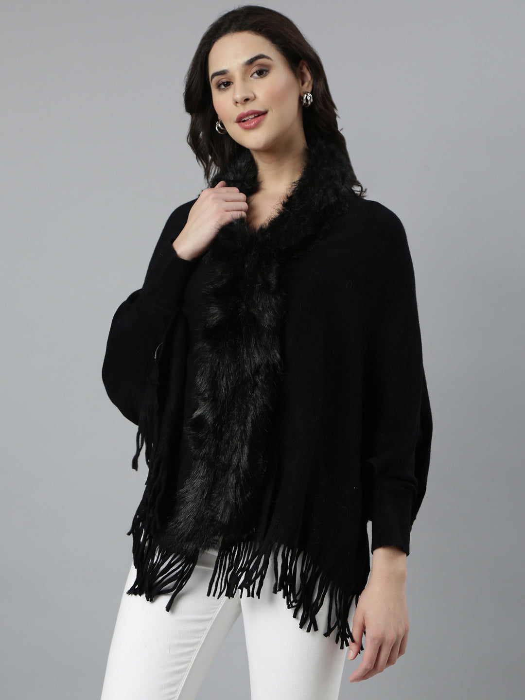 Women Solid Longline Black Poncho