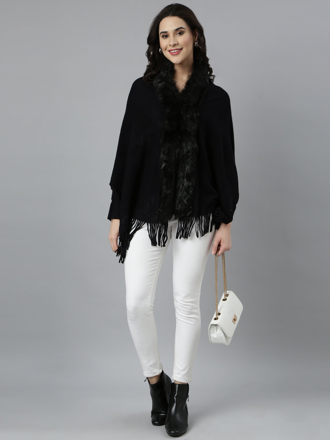 Women Solid Longline Black Poncho