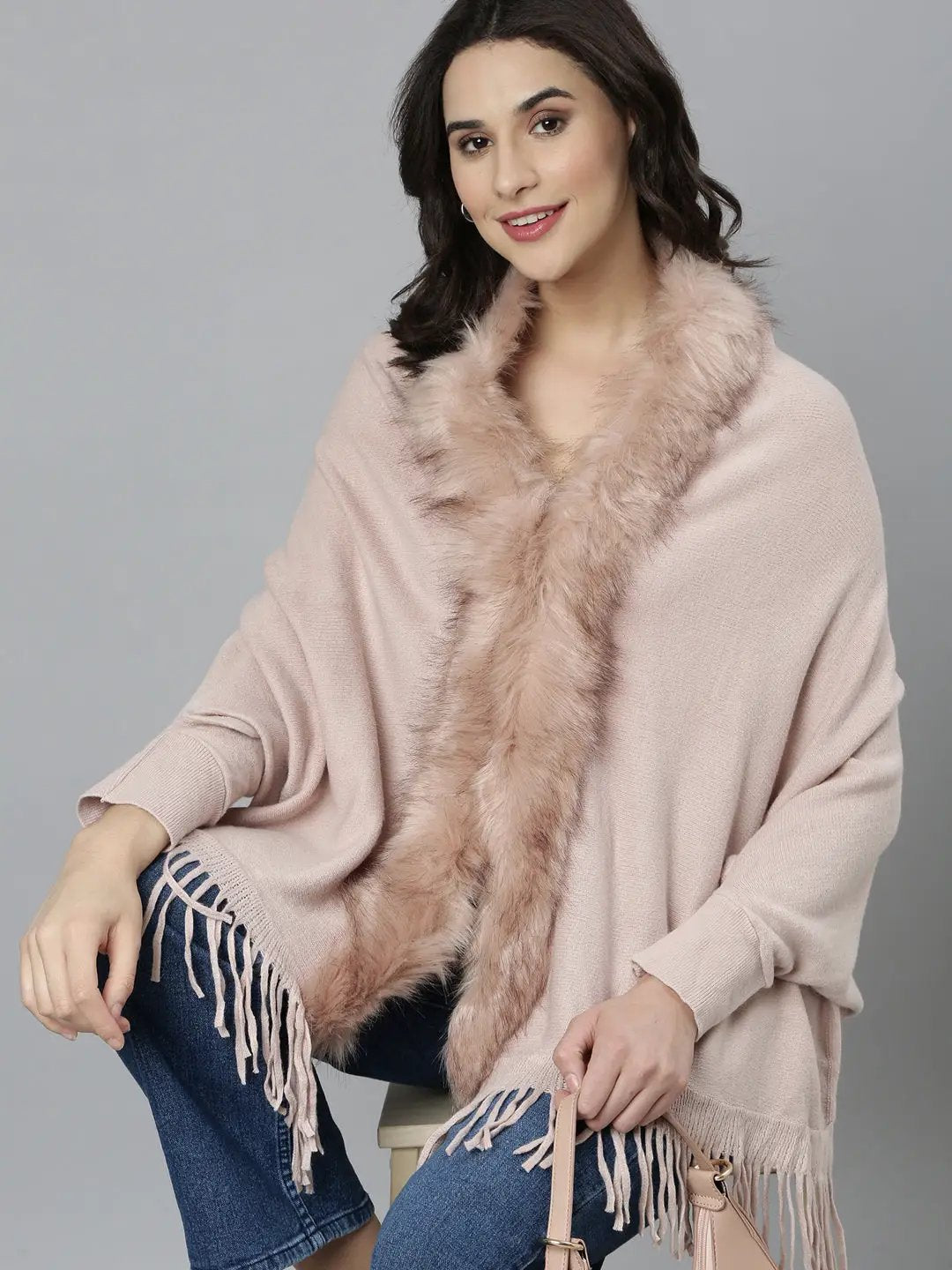 Women's Solid Longline Peach Poncho