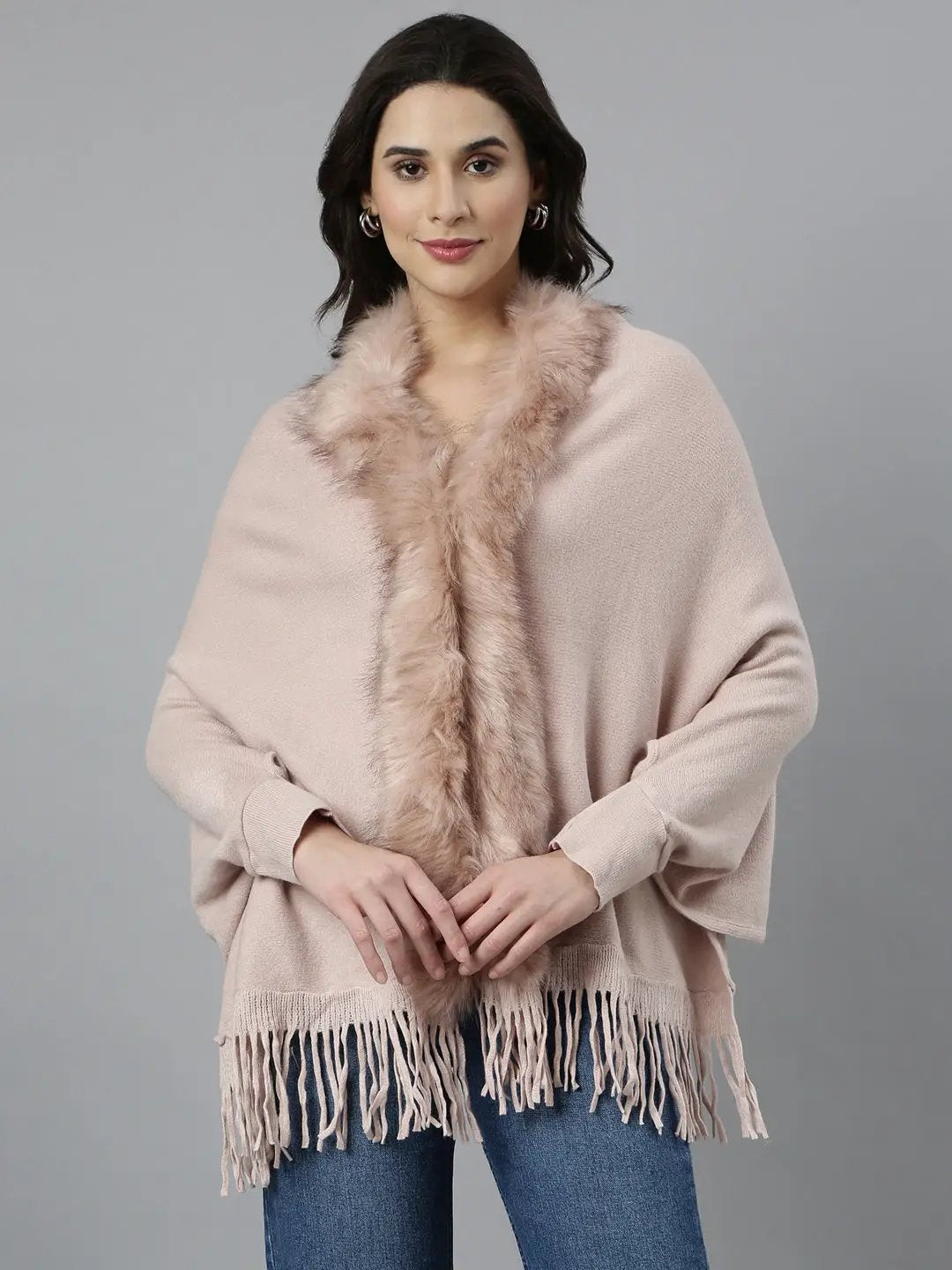 Women's Solid Longline Peach Poncho