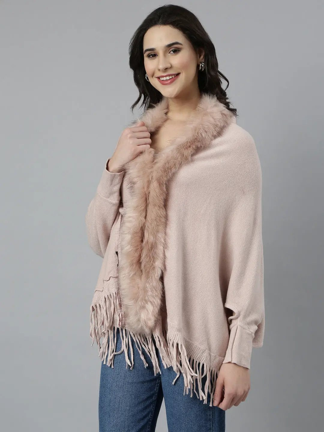 Women's Solid Longline Peach Poncho