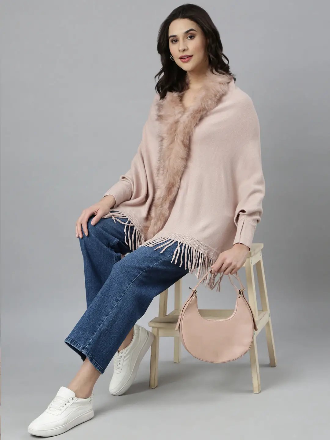 Women's Solid Longline Peach Poncho