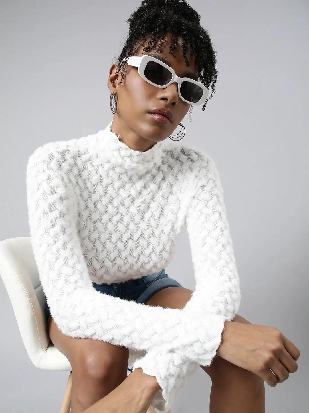 Women's White Self Design Fitted Top
