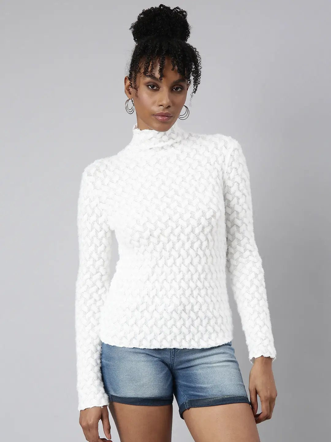 Women's White Self Design Fitted Top